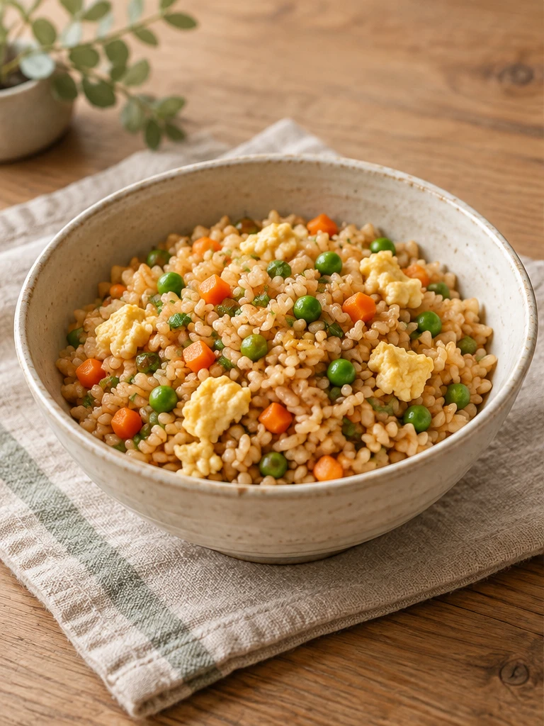 陶碗中的糙米蔬菜蛋炒饭