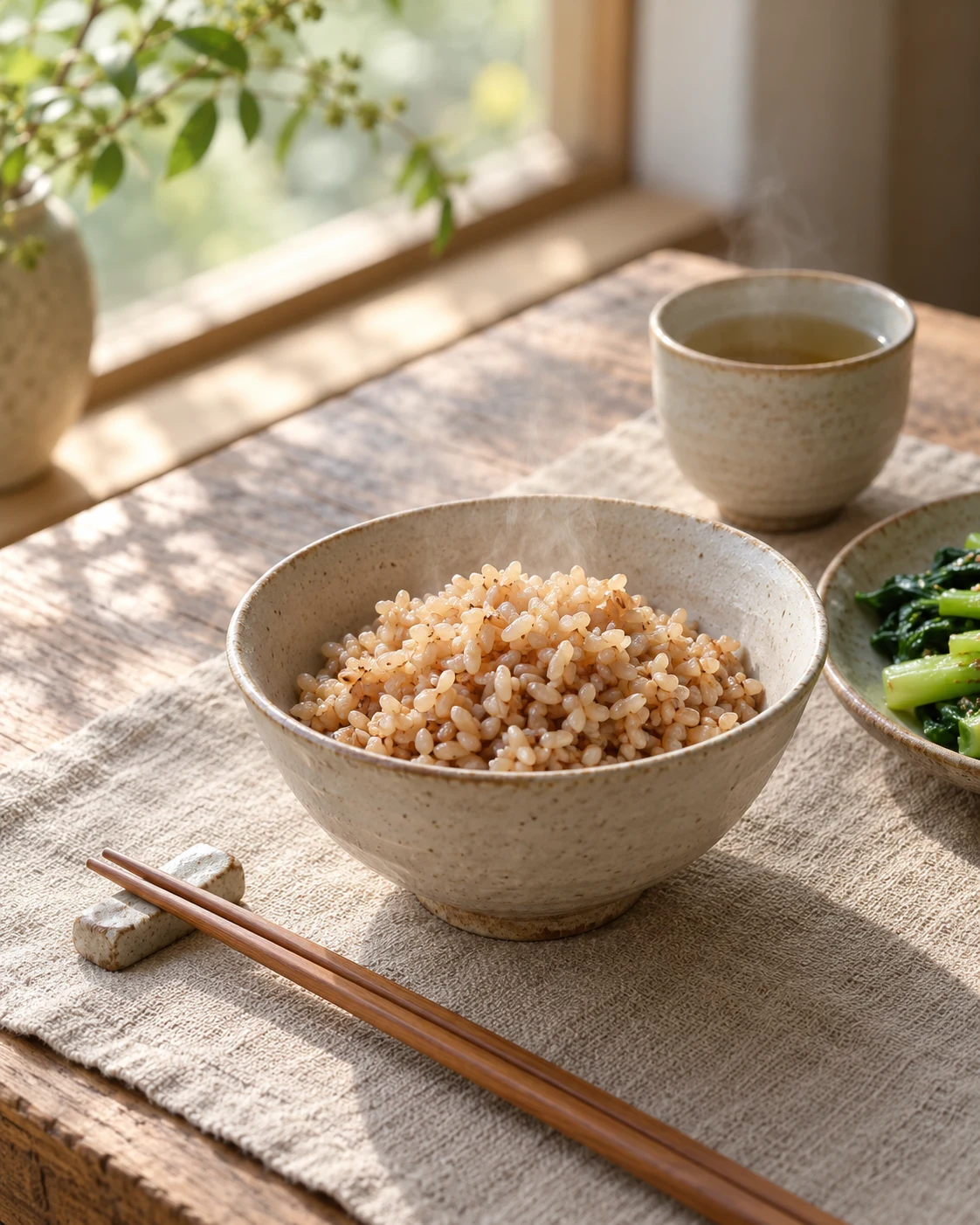 窗边餐桌上的糙米饭、木筷、茶与青蔬